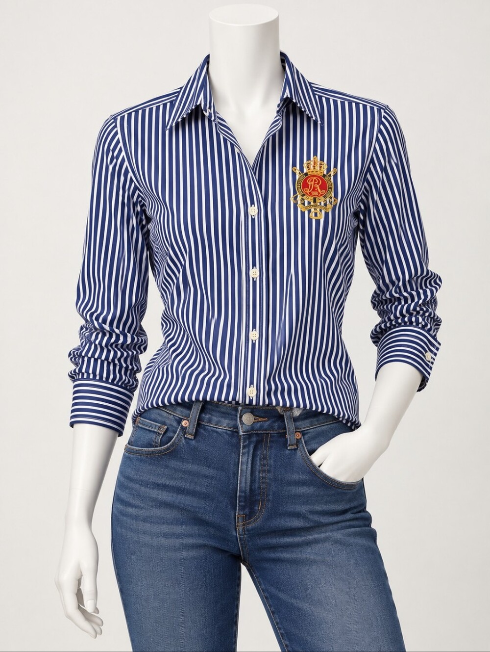 Ralph Lauren Blue White Striped Crest Button Down Shirt Women’s Size 12